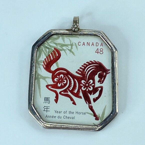 Rare Canada 48 Sterling silver Zodiac 2002 Horse stamp pendant 10.4g JR9629